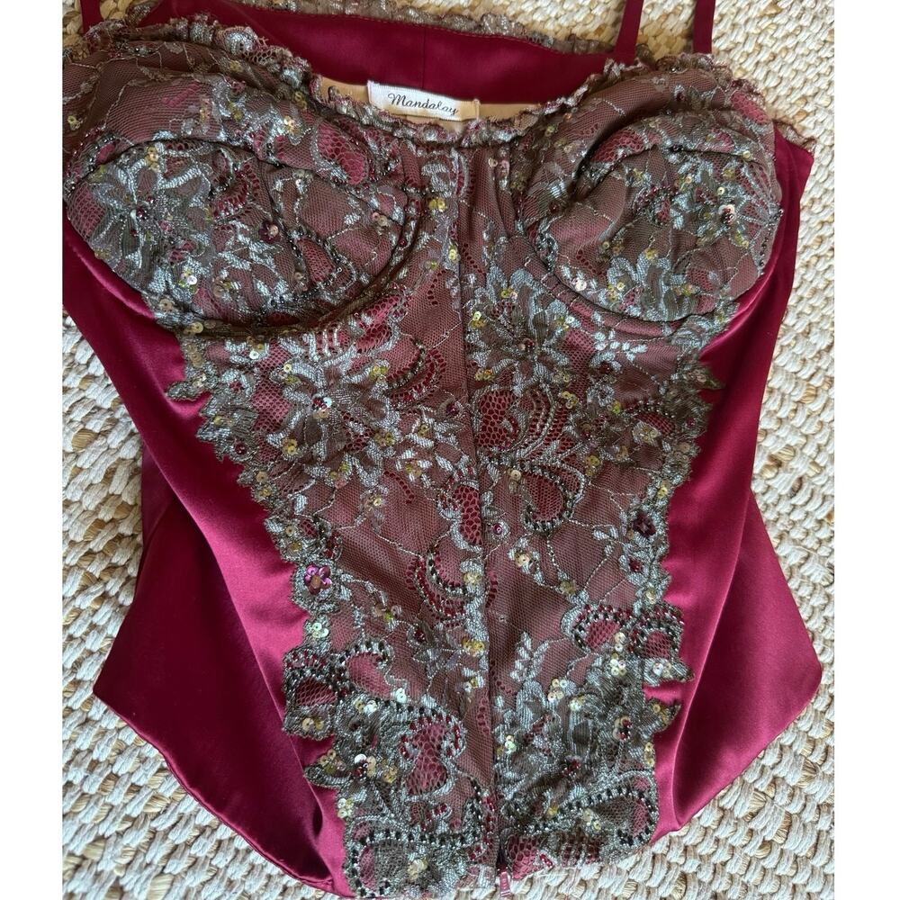 VTG Mandalay Burgundy Lace Sequin Beaded Ruffle Corset Top Size Front Zip Y2K 6 - Picture 3 of 8
